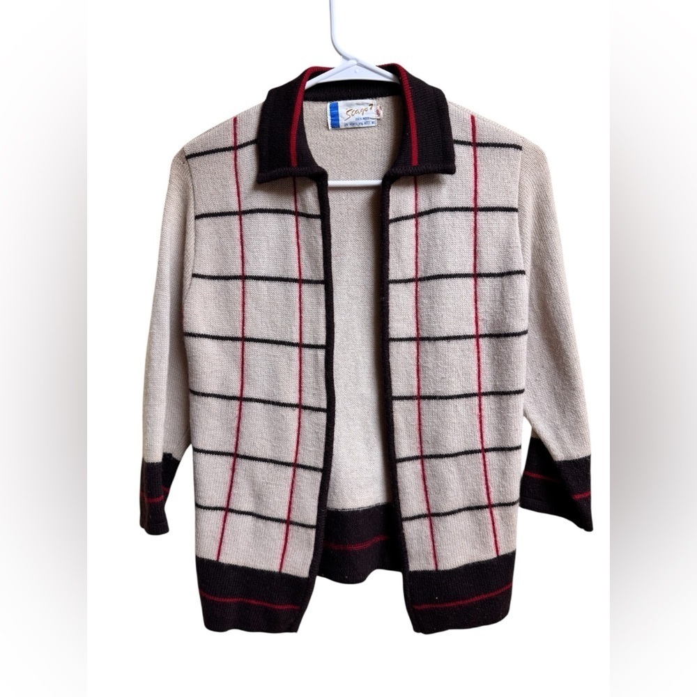 Vintage Stage 7 Wool Cardigan Sweater Plaid Windowpane ILGWU Union Made M